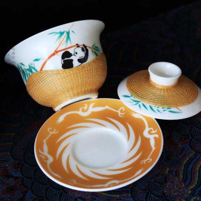 Panda Gaiwan Set - Sichuan Intangible Cultural Heritage Handwoven Bamboo Porcelain Tea Cup (Pair)