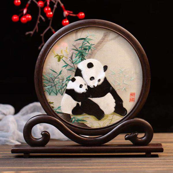 Shuzhong Treasure Double-Sided Panda Embroidery Art Piece - Sichuan Cultural Gift & Souvenir