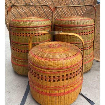 Miaopule Woven Bamboo Basket for Worship - Orange Two-Tiered Set (Pair with Carrying Pole), Qing Style