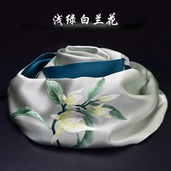Artisan Crafted Shu Embroidery Silk Scarf: Hand-stitched Mulberry Silk in 'Light Green & White Orchid' - An Authentic Chinese Gift for Overseas Travel & Students