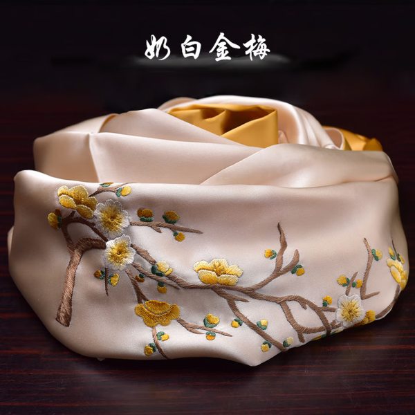 Luxurious Shu Embroidery Silk Scarf: Hand-stitched with 'Cream, White & Gold Plum Blossom' Motif - An Elegant Chinese Gift for Overseas Travel & Students