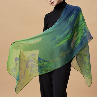 Qianli Jiangshan Printed Silk Scarf: A Luxurious 100% Mulberry Silk Shawl & Wrap
